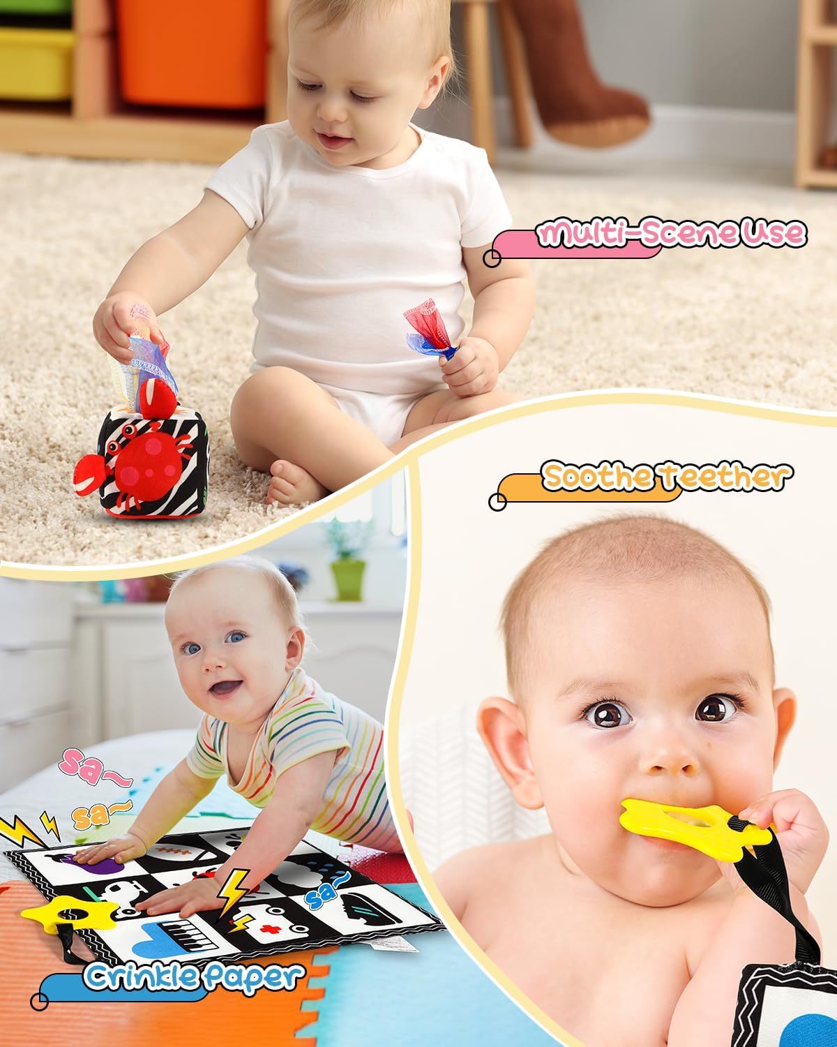 3 PCS Black and White High Contrast Baby Toys for Newborn, Montessori Toy Sensory Infant Tummy Time Toy Baby Essentials 0-6-12 Months Gifts