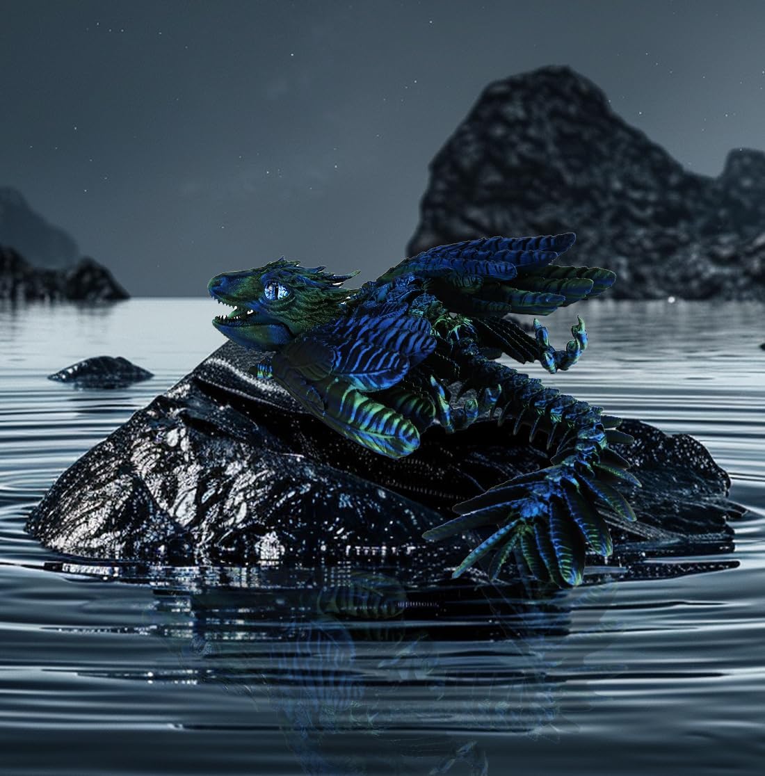 3D Printed Dragon with Wings 3D Printed Animals Articulated Dragon Fidget Dragon 3D Printed Toys Dragon Toy Desk Pets Home Office Decor (Blue)