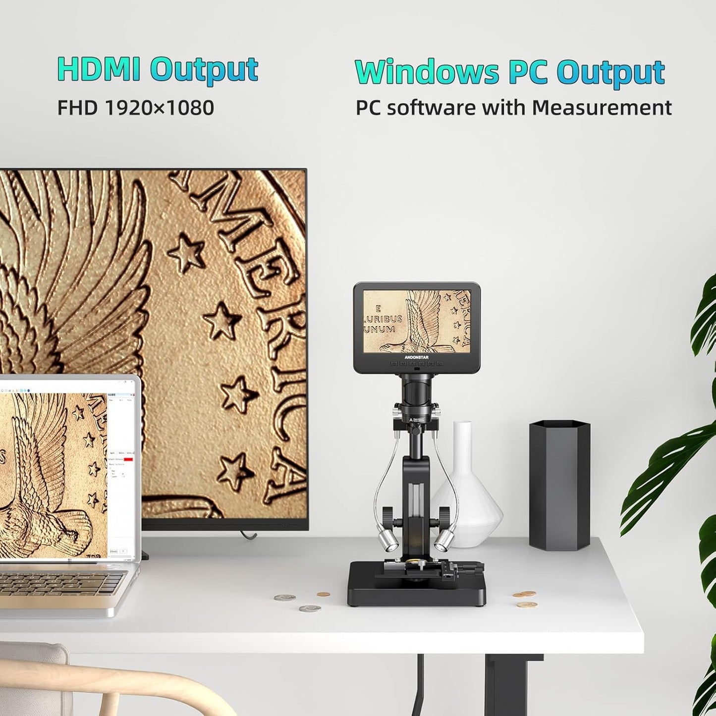 Andonstar AD266S 20X-5000X HDMI Digital Microscope, 5 Lens 2160P UHD Video Record, 7'' LCD Microscope for Adults Kids, Home Lab Biological Kit with Slides, Coin Full View