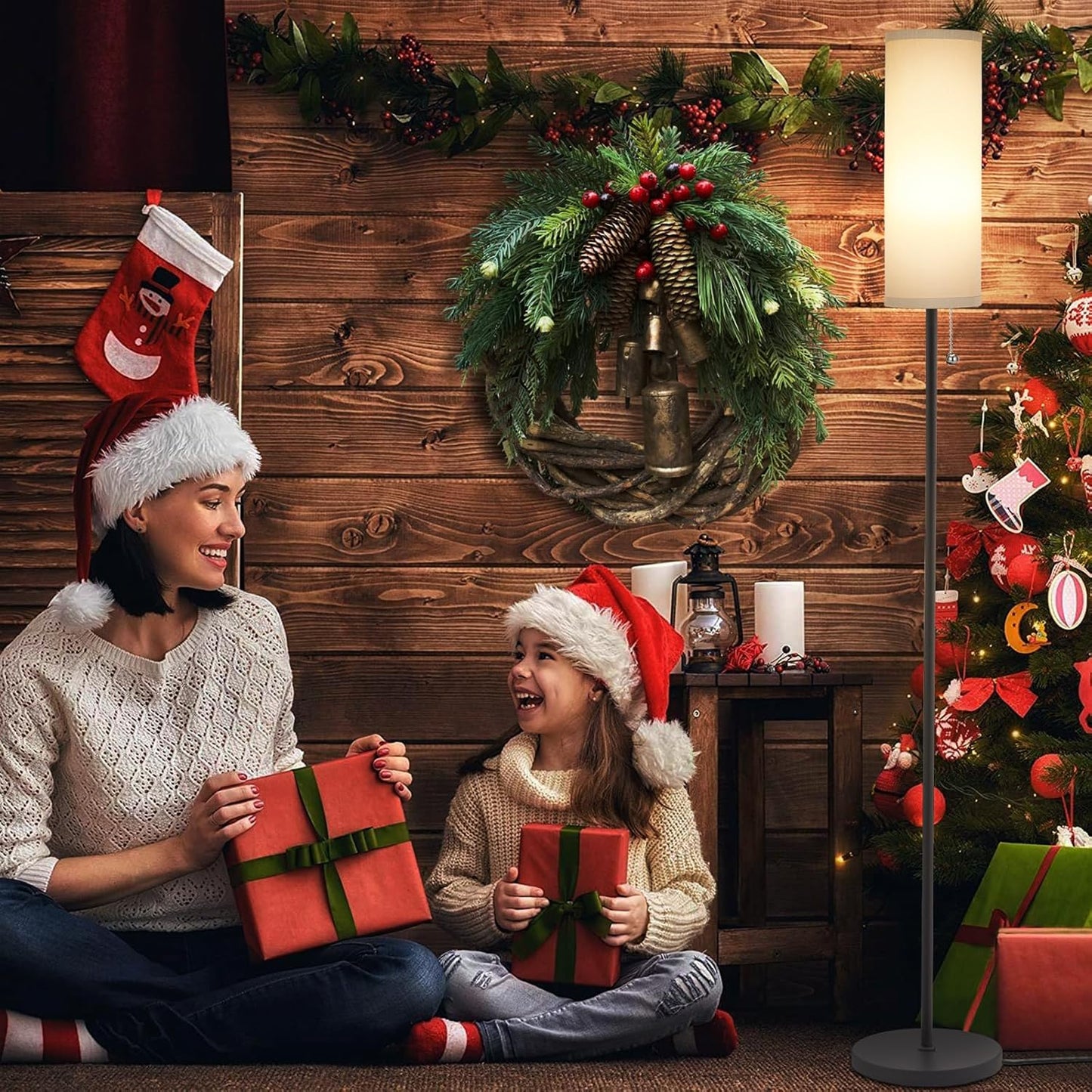 Ambimall Floor Lamp for Living Room with 3 Color Temperatures Bulb, 64" Standing lamp with Linen lampshade for Bedroom, Minimalist Pole Lamp, Grey Shade & Black Pole