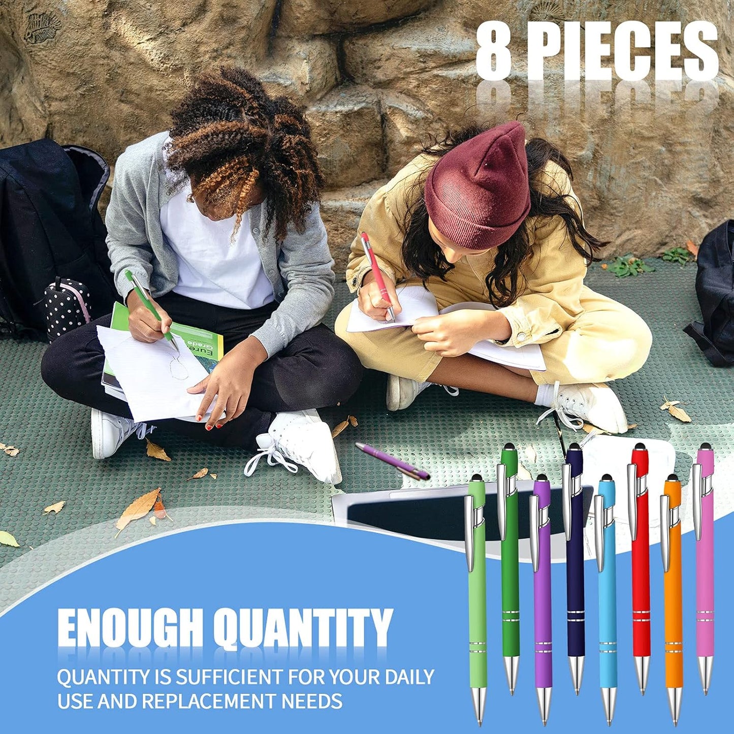 8 Pieces Ballpoint Pen with Stylus Tip Black Ink 2 in 1 Stylus Metal 1.0 mm Medium Point Smooth Pen Rainbow Colorful Rubberized Ballpoint for Touch Screen Tablet(Rainbow Color)