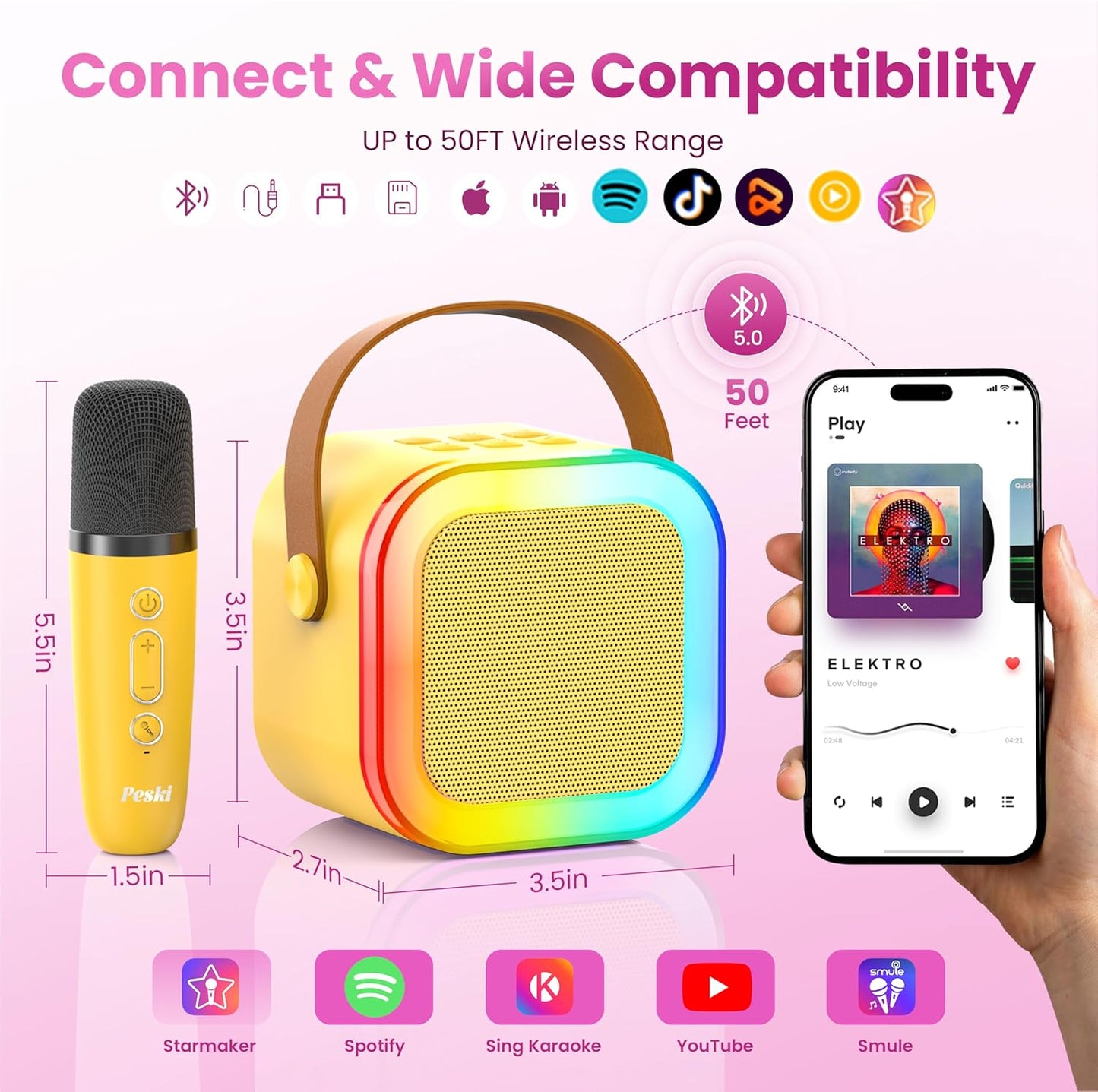 Karaoke Machine for Kids Adults, Portable Bluetooth Mini Karaoke Microphone Singing Speaker Karaoke Player with 2 Wireless Mic,Kids for All Smartphones,Birthday, Family,Home Party(Yellow)