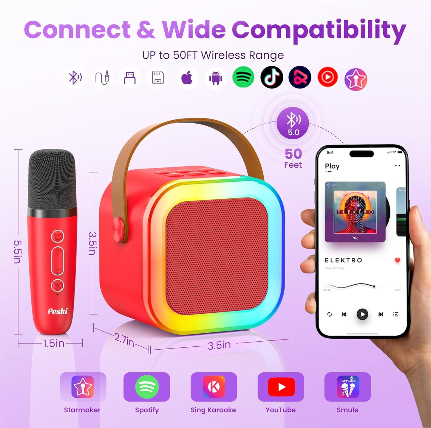Karaoke Machine for Kids Adults, Portable Bluetooth Mini Karaoke Microphone Singing Speaker with 2 Mic and Light, for All Smartphones,Birthday, Family,Home Party(Red)