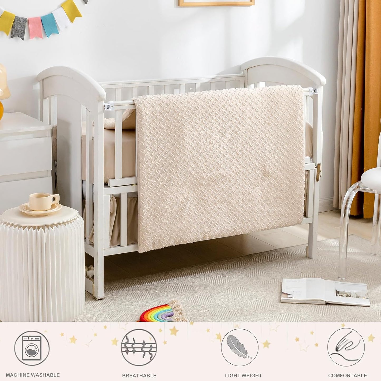 Cokouchyi 3 Piece Bedding Set for Boy Girls, Jacquard Tufted Geometric Crib Set, Includes Skirt, Blanket and Sheet, Baby Bedding, Beige