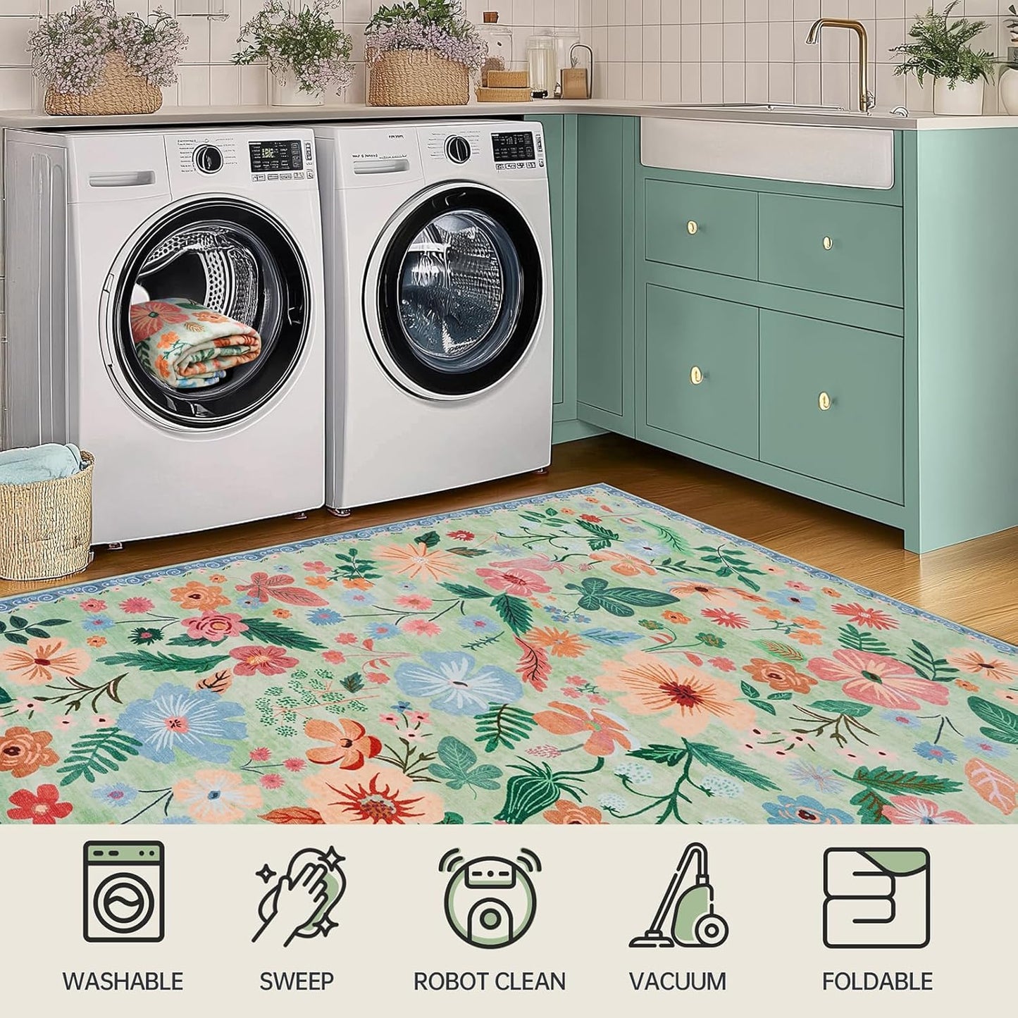 6x9 Area Rugs for Living Room Machine Washable Non Alip Ultra-Thin Spring Garden Area Carpet Soft Boho Vintage Floral Print Sage Green Accent Rugs for Bedroom Family Room Nursery Kids Playroom