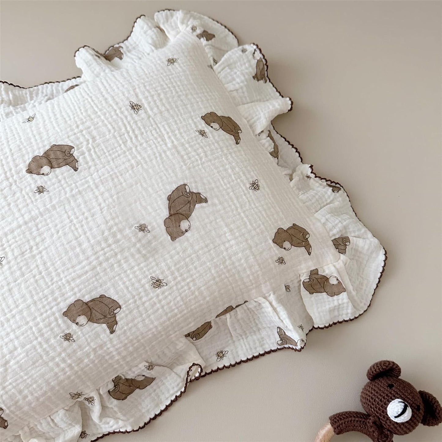 BuLuTu Cartoon Bear Muslin Pillowcase for Boys Girls Cute Animal Print Toddler Pillow Cases Soft Breathable Cotton Crib Cradle Pillow Cover for Kids Nursery Bedding,1 Piece, 14"x20"