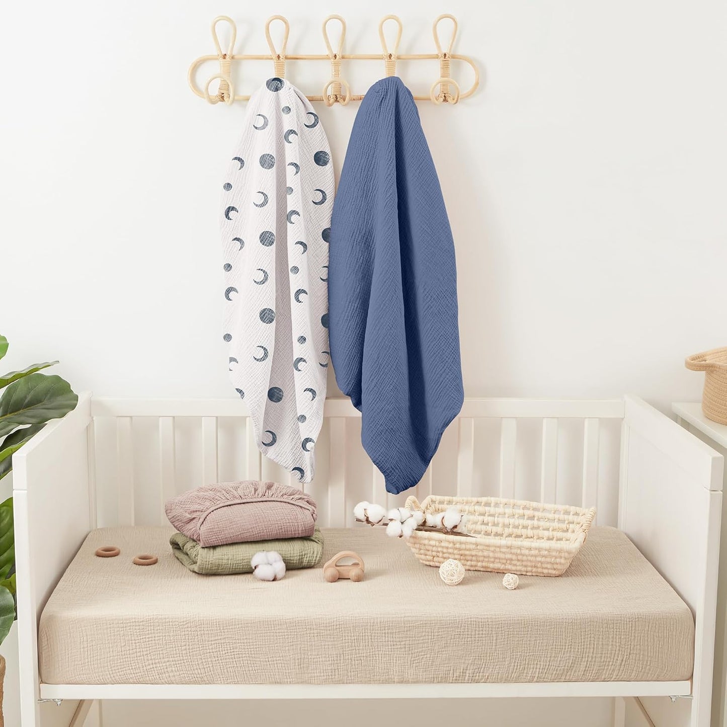 Bearmoss Muslin Mini Crib Sheets for Pack N Play Mattress - 100% Cotton - 38"x24" Soft Breathable Playard Baby Crib Sheets Neutral for Boys Girls - 2 Pack (Blue Crescent)