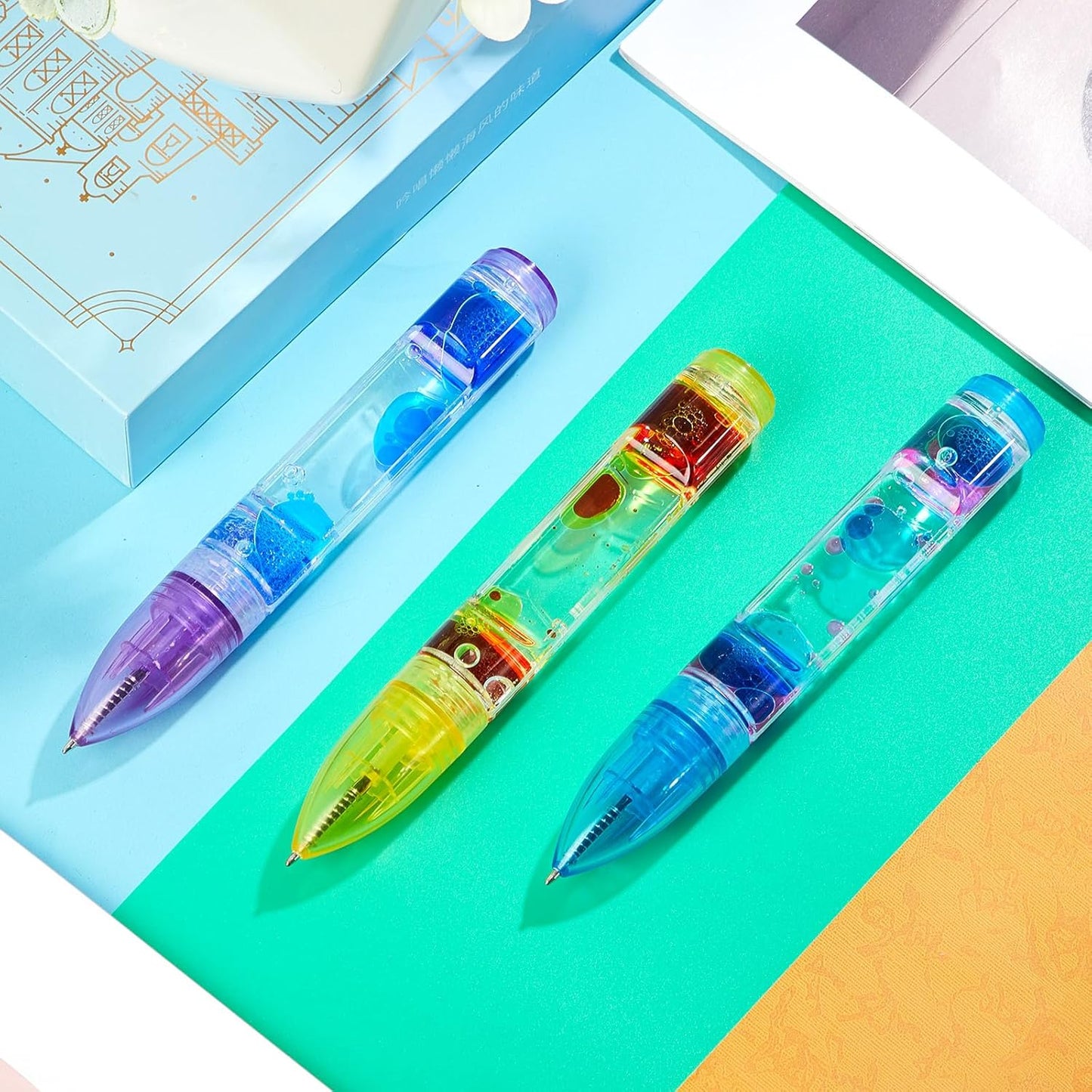 3 Pcs Liquid Motion Bubbler Pens Cool Pens Fidget Pen Fun Liquid Timer Pen Fidget Toys Office Desk Toys Novelty Gifts for Autism Adhd Anxiety Stress Relief Sensory Play (Blue, Purple, Yellow)