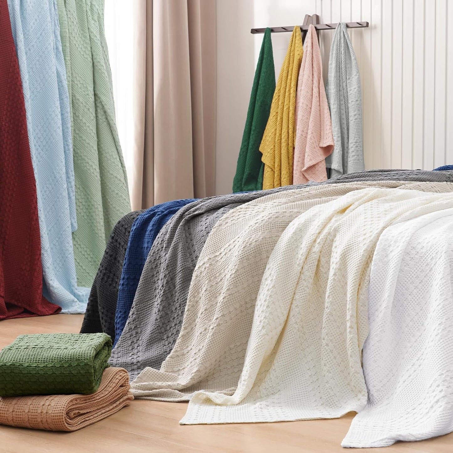 PHF 100% Cotton Waffle Weave Blanket King Size, Soft Lightweight Breathable Cozy Summer Blankets for Bed, Luxury Aesthetic Woven Bedding for Home Decor, 108"x90", Light Grey