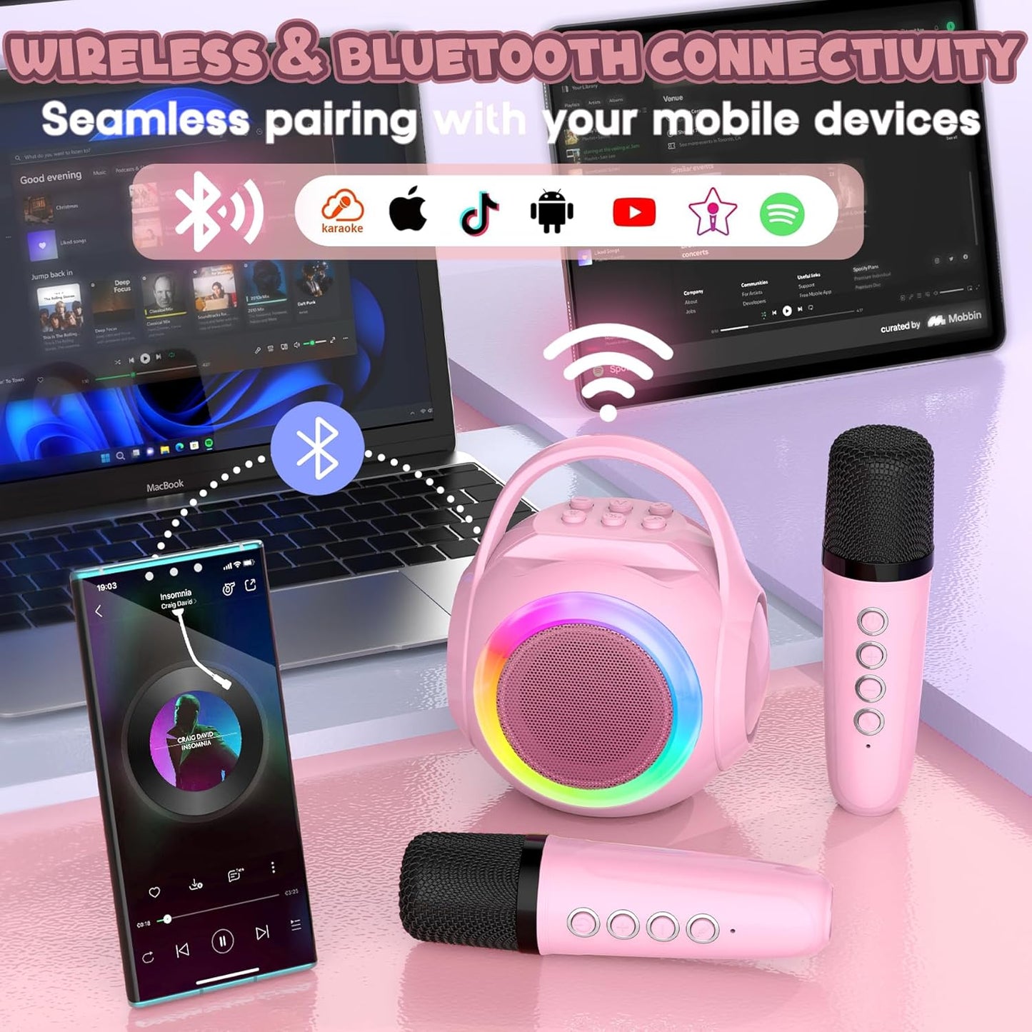 Hockvill Mini Karaoke Machine for Kids with 2 Microphones, Bluetooth Toddler Karaoke Toy with LED Lights, Rechargeable Portable Speaker for Girls & Boys Ages 3-10, Children’s Day & Birthday Gift Ideas