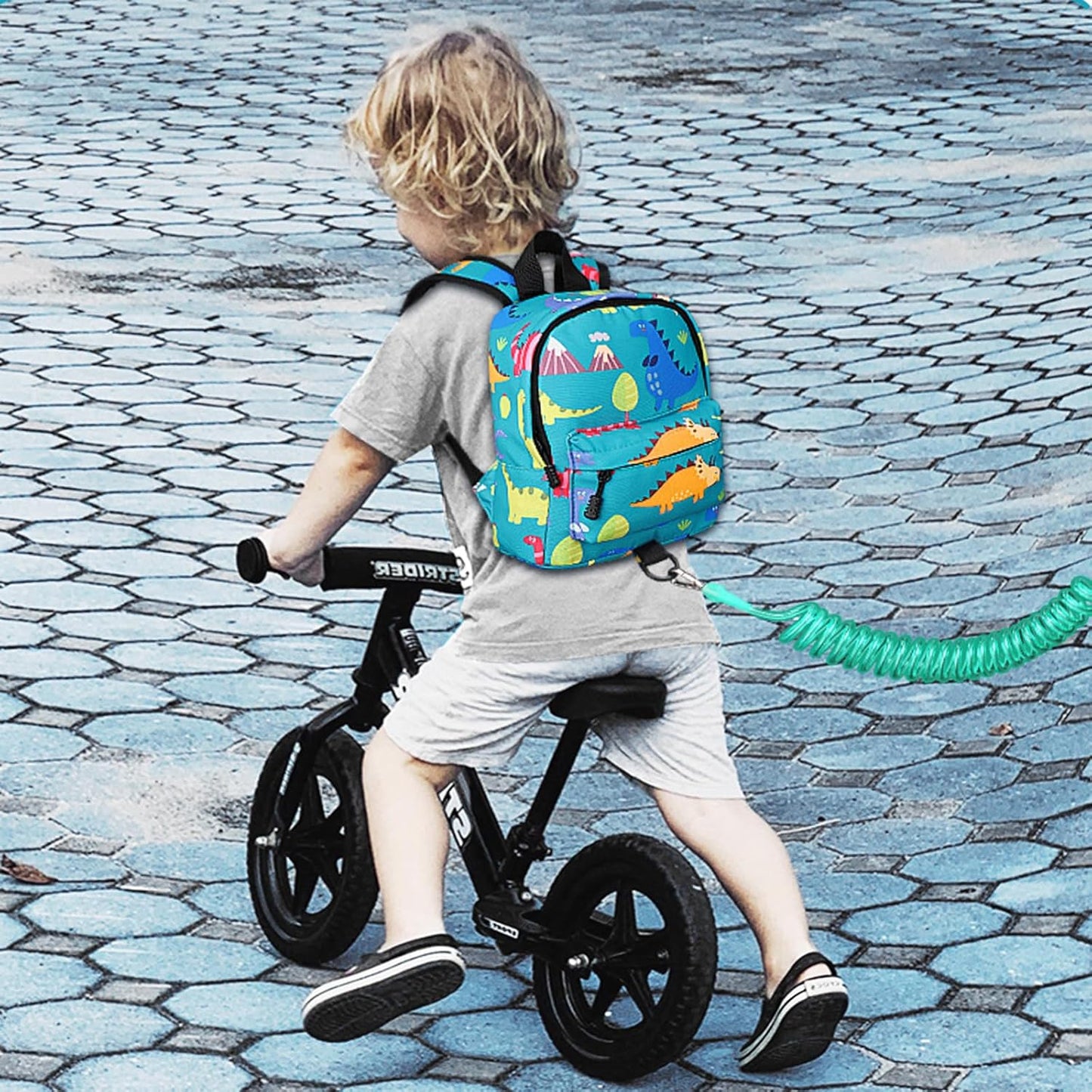 Accmor Toddler Backpack Leash with Anti Lost Wrist Link, Cute Mini Child Walking Harnesses Keep Kids Close Back Pack Rope Tether Rein for Baby Boys (Turquoise/Dino)