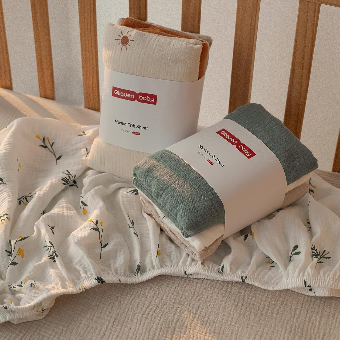 Gllquen Baby Muslin Mini Crib Sheets 3 Pack, Breathable Pack and Play Sheets Fitted Soft Cozy Cotton Pack N Play Sheets for Baby Boy Girls, Universal Fitted Mini Crib Mattresses 38"x26" (Green)