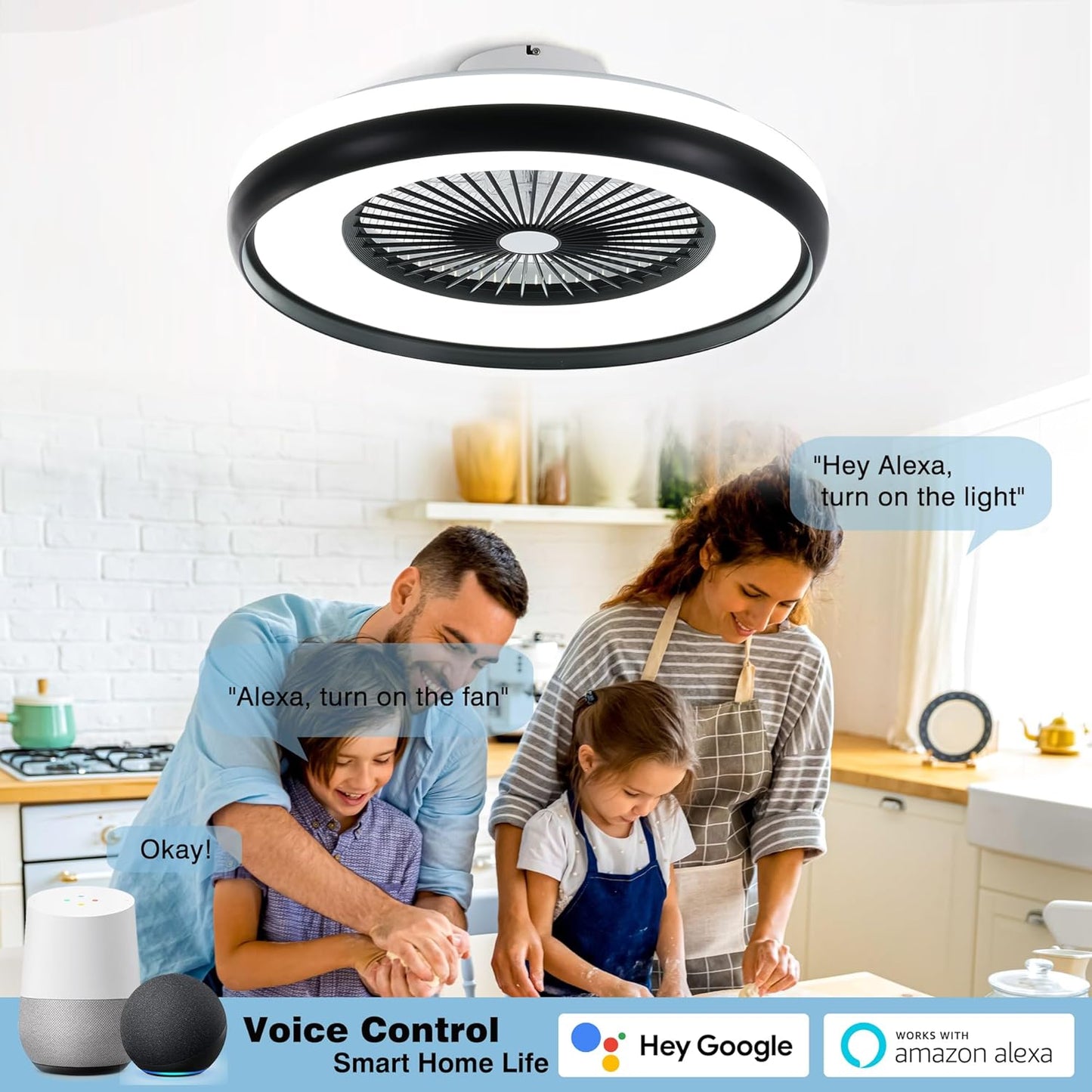 24" Bladeless Ceiling Fan with RGB Light Remote, Smart LED Ceiling Fans with Voice/App Control, Modern Low Profile Dimmable Light Ceiling Fan for Bedroom Living Room Black