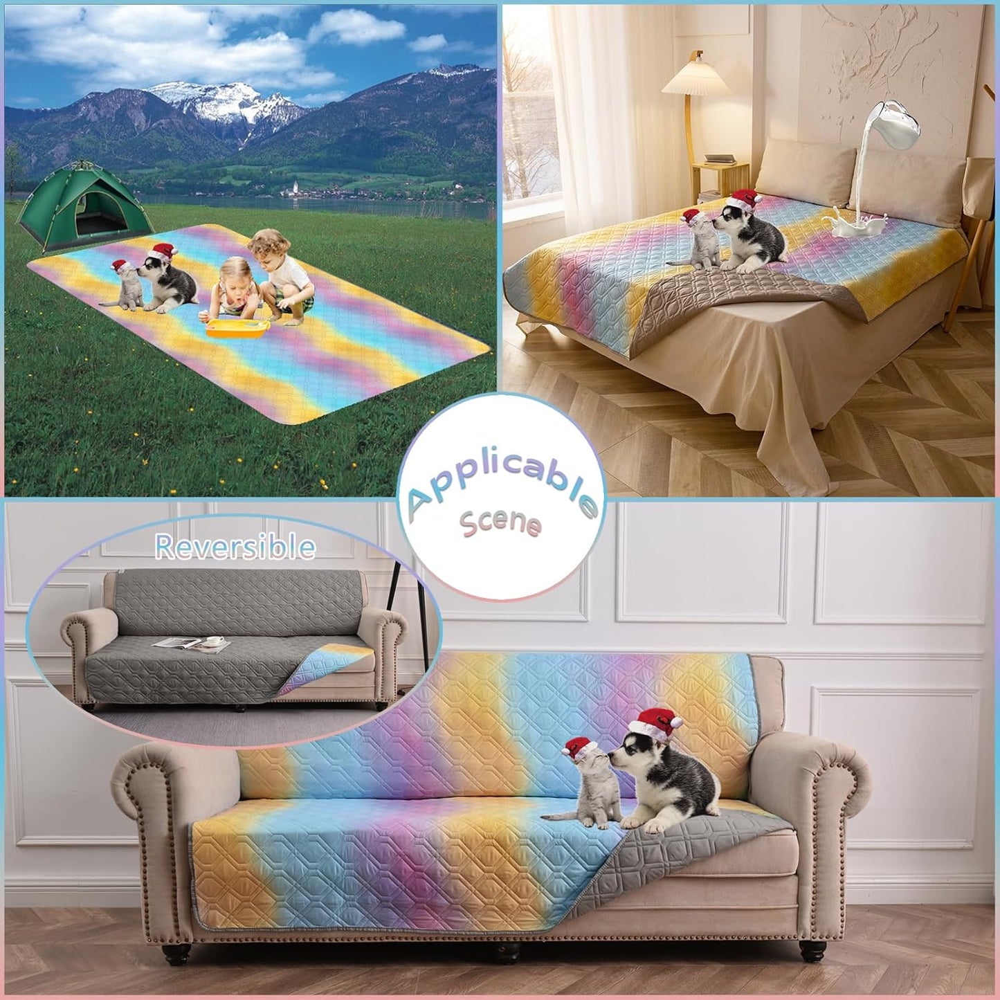 100% Waterproof Dog Bed Cover 52x82 inch Reversible Changing Pad Reusable Camping Mat for Kids/Pet/Dog/Cat Washable Geometric Embroidery Blanket Patchwork Rainbow Ombre Printed+Gray