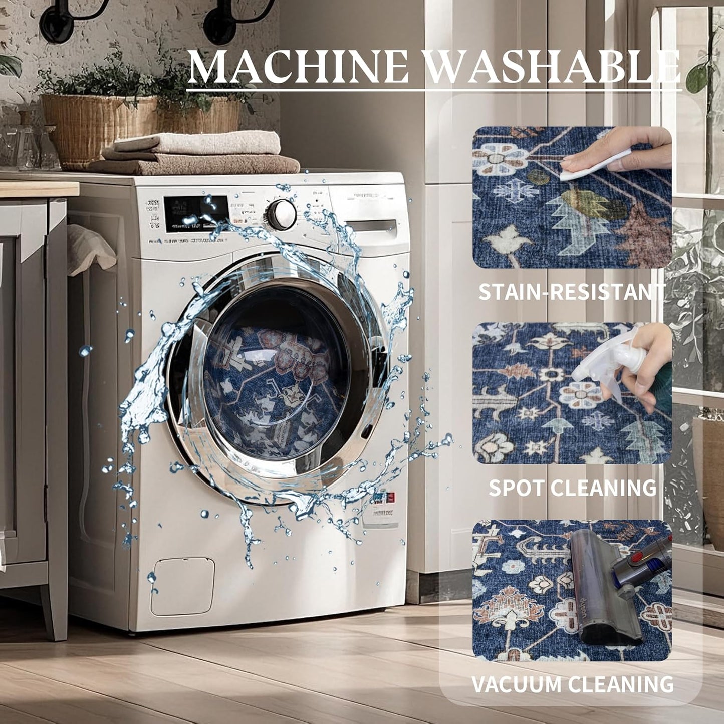 6x9 Area Rugs Washable: Oriental Soft Area Rug for Living Room Bedroom No Shedding - Low Pile Thin Carpet Rug for Dining Room Non Slip - Boho Vintage Rug for Home Decor - Navy Blue