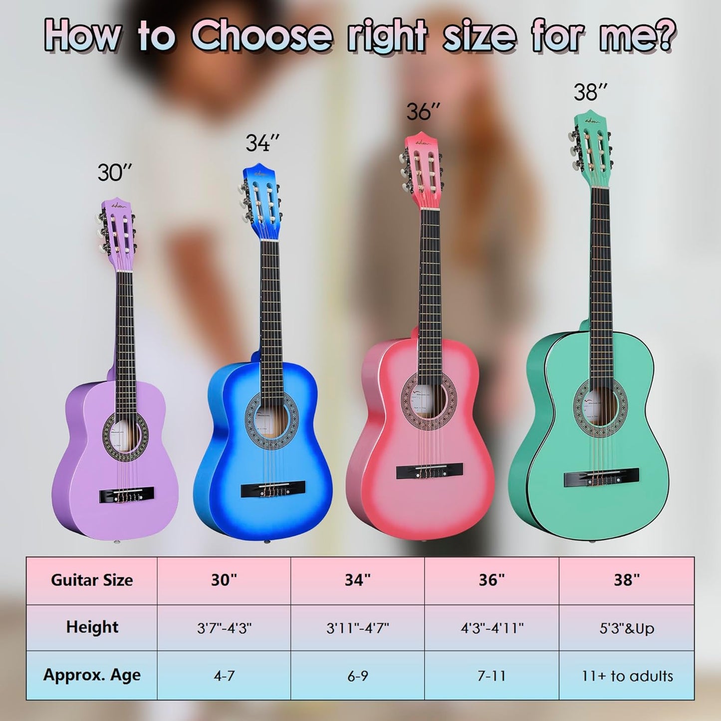 ADM Beginner Acoustic Classical Guitar 34 Inch Nylon Strings Wooden Guitar Bundle Kit for Kid Boy Girl Student Youth Guitarra Online Lessons with Gig Bag, Strap, Tuner, Strings, Picks, Pink