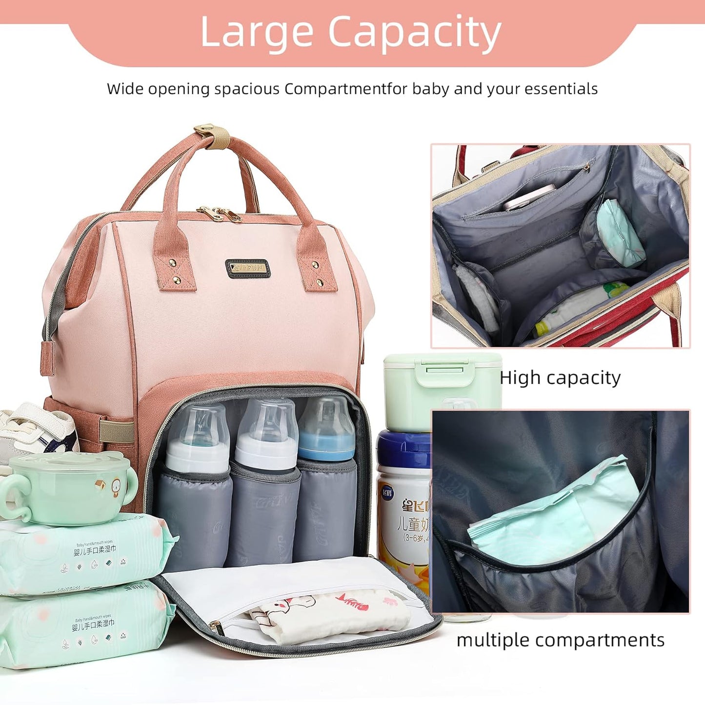 Diaper Bag Backpack, Diaper Bags for Baby Girls Boys, Baby Bags for Moms Dads, Nappy Changing Bag with Insulated Pockets,Multi-functional Waterproof Backpack with Stroller straps -Pink light pink
