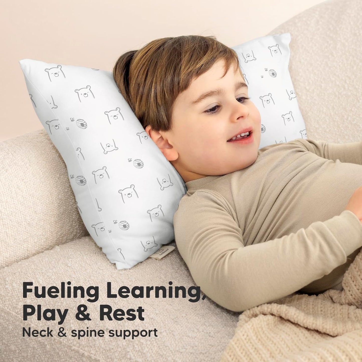 Toddler Pillow with Pillowcase - 13x18 My Little Cuddly Pillow, Viscose Derived From Bamboo Nursery Toddler Pillows for Sleeping,Kids Pillow,Small Travel Pillows, Mini Toddler Bed Pillow (Bumble Bear)