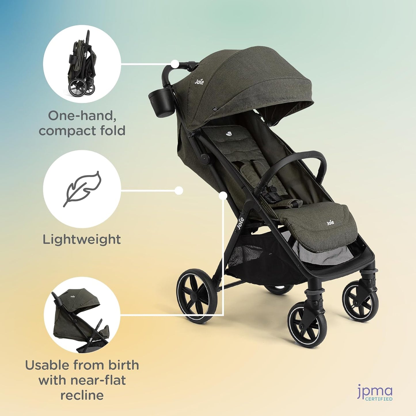 Joie Nutmeg Compact Stroller – Lightweight and Compact Stroller with One-Hand Fold (Evergreen)