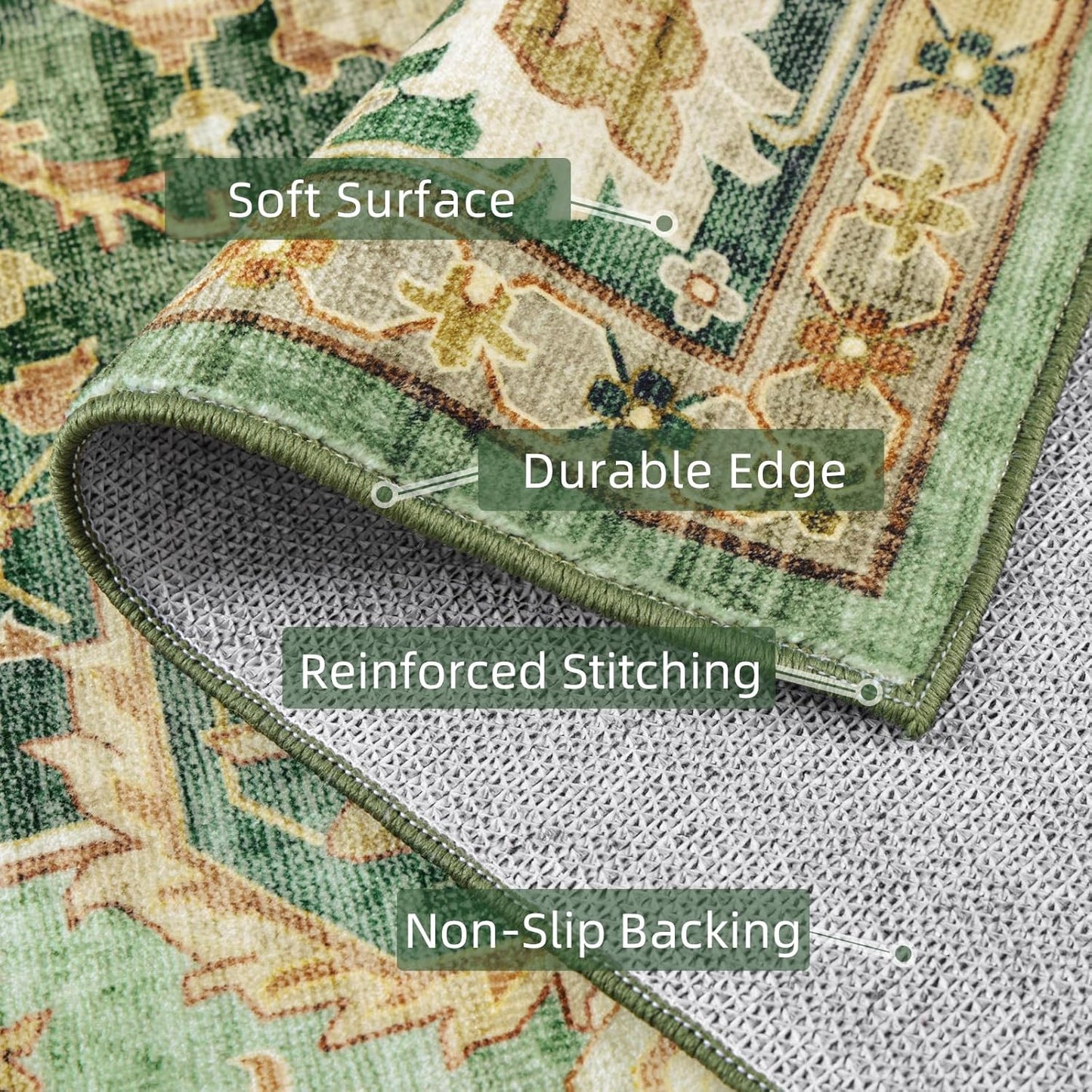 9x12 Rugs for Bedroom, Vintage Washable Rugs Non Slip Large Area Rug for Living Room Dining Room Office, Floor Decoration Big Rug Carpet Low-Pile Kid & Pet Friendly(Border Green)