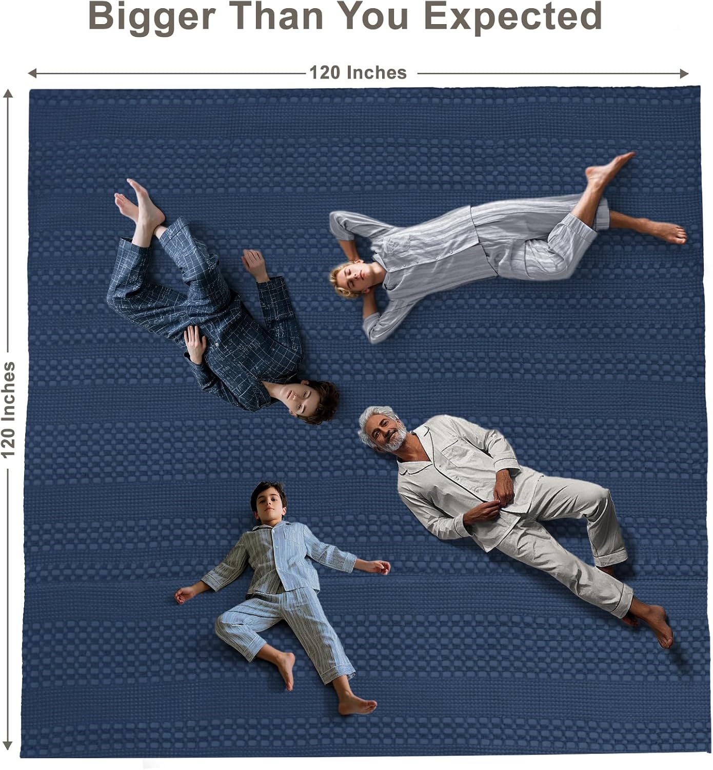 PHF 100% Cotton Waffle Blanket Oversized King 120"x120", Lightweight Breathable Extra Large 10'x10' Summer Blankets for Bed, Giant Big Luxury Aesthetic Woven Bedding for Home Decor, Bright Navy Blue