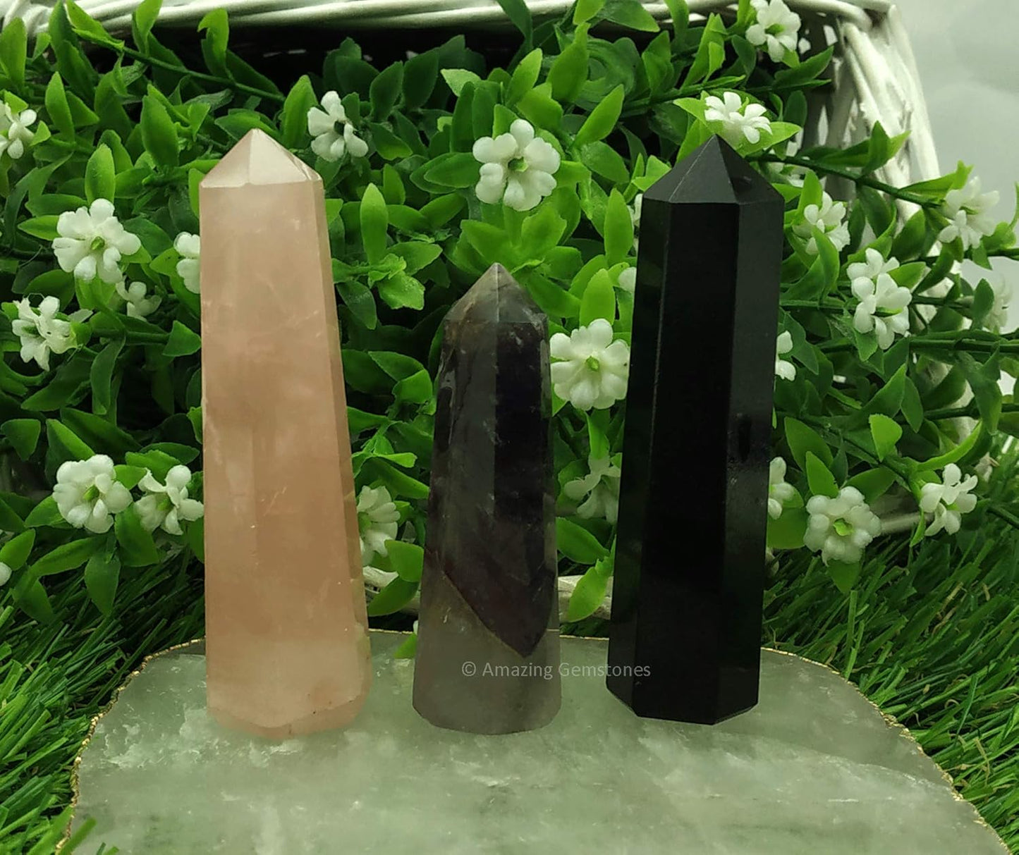 Amazing Gemstone Set of 3 Amethyst, Rose Quartz, Black Tourmaline Crystal Towers - Natural Healing Crystal Point Obelisk for Reiki Healing and Crystal Grid (2 Inch to 3 Inch)