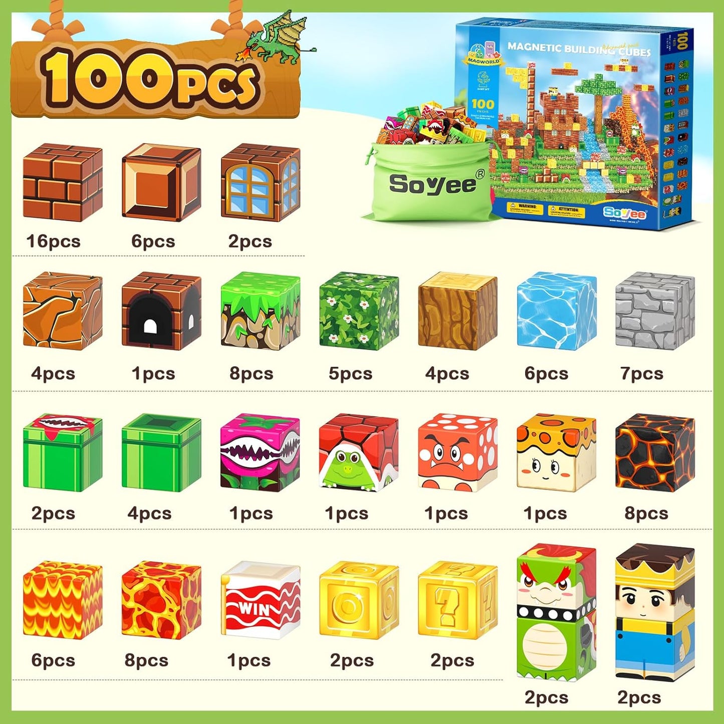 100pcs Magnetic Blocks - Build Mine Magnet World Game Adventure Set STEM Building Toys for Kids 3+ Years Old 1” Magnetic Cubes for Boys Toddler Boy Gifts Toys for Ages 3-5 5-7 8-12