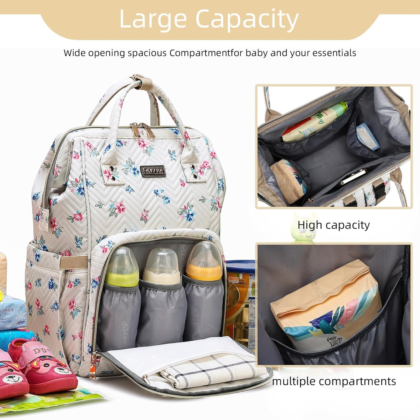 Diaper Bag Backpack, Diaper Bags for Baby Girls Boys, Baby Bags for Moms Dads, Nappy Changing Bag with Insulated Pockets,Multi-functional Waterproof Backpack with Stroller straps-Beige Flowers