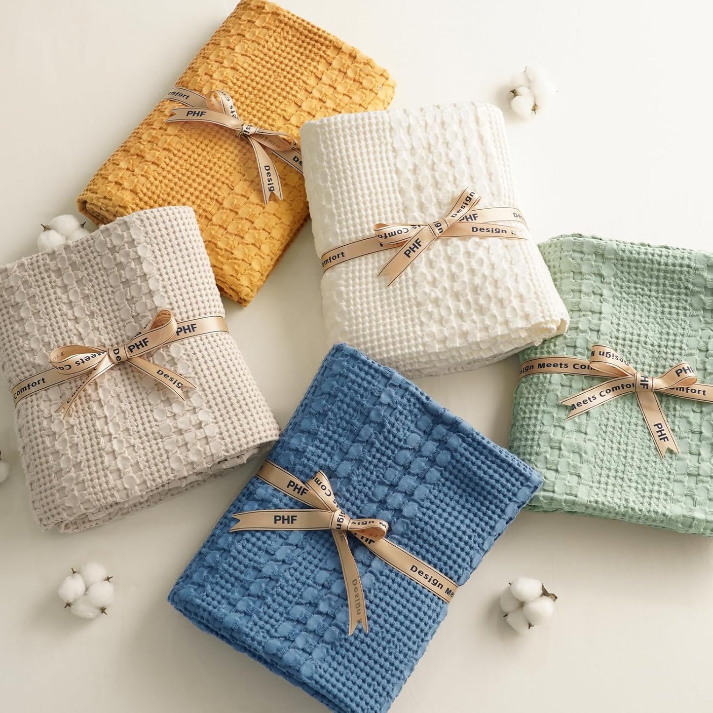 PHF 100% Cotton Waffle Weave Blanket King Size, Soft Lightweight Breathable Cozy Summer Blankets for Bed, Luxury Aesthetic Woven Bedding for Home Decor, 108"x90", Ginger/Honey Yellow