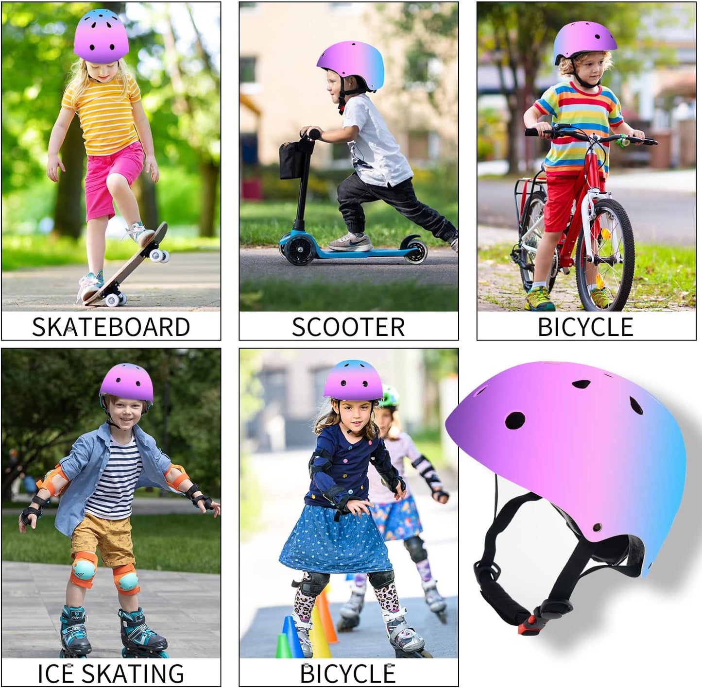 Adjustable Color Gradient Skateboard Helmet for 3-5-8-14+Ages【Toddler Kids Youth Adult】 Girls Boys Woman.Bike Helmet for Multi-Sports Cycling Bicycle Scooter Inline Roller Skate Rollerblading