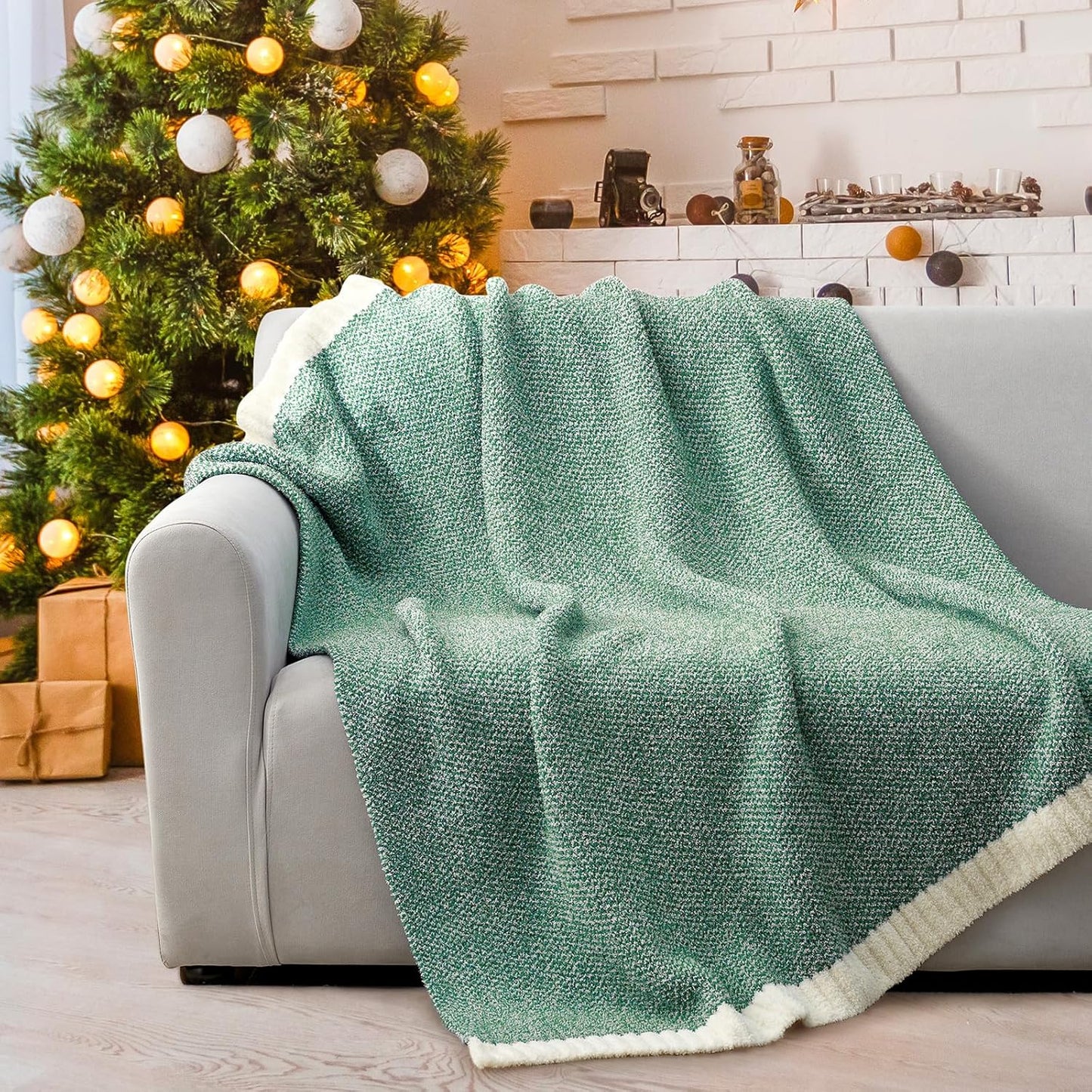 Snuggle Sac Green Blanket Twin Size Bedding Blankets, Super Soft Warm Cozy Knit Blankets for Sofa, Bed, Living Room, Heather Green, 60x80 inches,