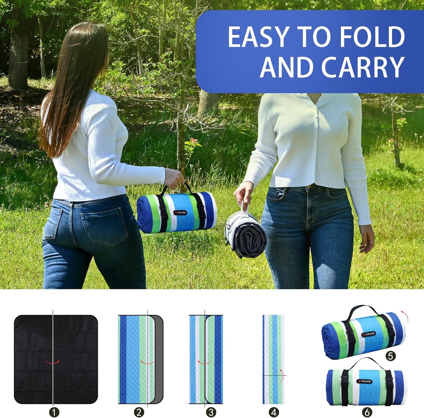 HX&OD Outdoor Picnic Blanket Extra Large, 80''*60'' Waterproof Picnic Mat with Stakes Foldable Camping Blanket Portable with Carry Strap for Beach Mat (Green& White, 80''*60'')
