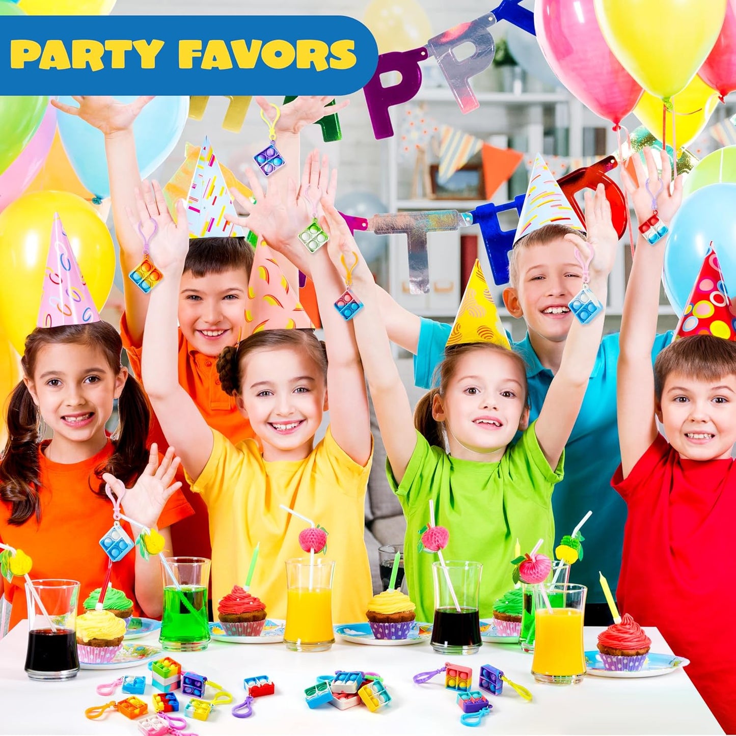 JOYIN Square Pop Fidget Keychain Mini Fidget Toys Bulk 90 Pack Party Favors for Kids 4-8,8-12 Years Kids, Goodie Bag Stuffers Fidgets for Classroom Prizes Sensory Fidget Toy Packs