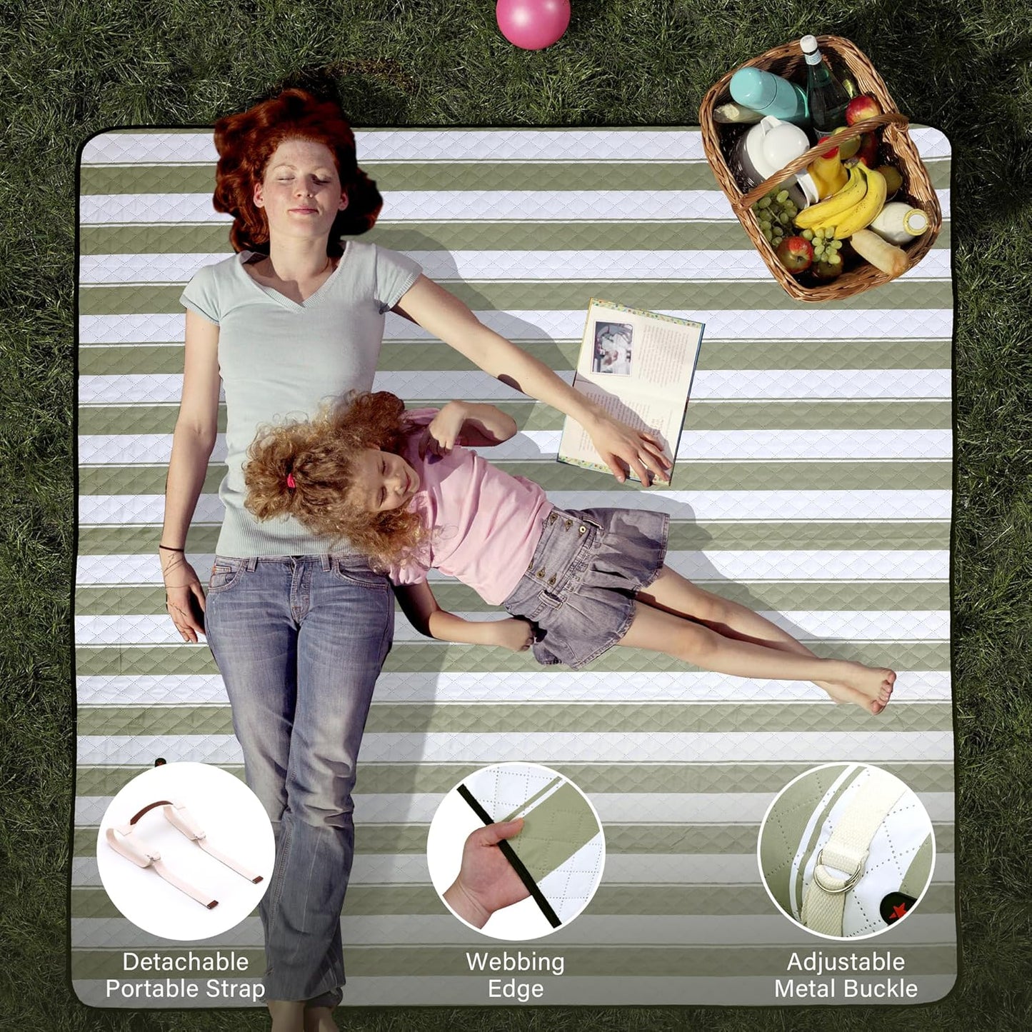 HX&OD Outdoor Picnic Blanket Extra Large, 80”x80” Waterproof Picnic Mat Foldable Camping Blanket Portable with Carry Strap for Beach Mat (Green)