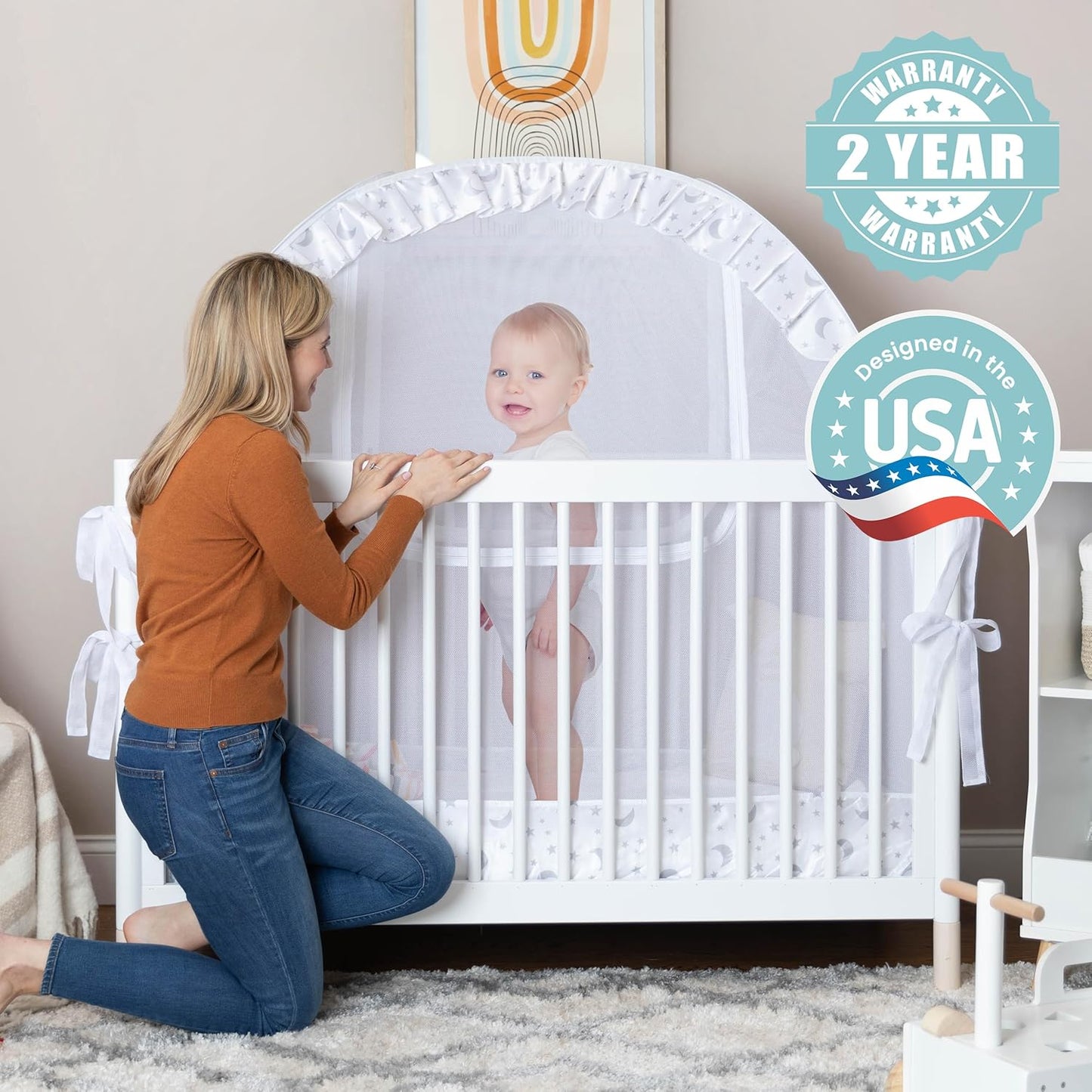 Premium Pop Up Crib Tent, Crib Cover to Keep Baby from Climbing Out, Prevent Falls and Mosquito Bites, Safety Net Canopy - Sturdy & Stylish Infant Topper, Mosquito Net