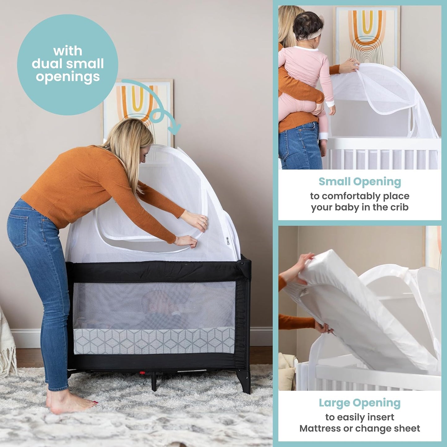 Premium Pack n Play Tent, Mini Crib Tent to Keep Baby from Climbing Out, Auto Pop Up Pack and Play Tent with Auto-Lock Zippers, Thick Velvety Breathable Mesh (Geometric Cubes)