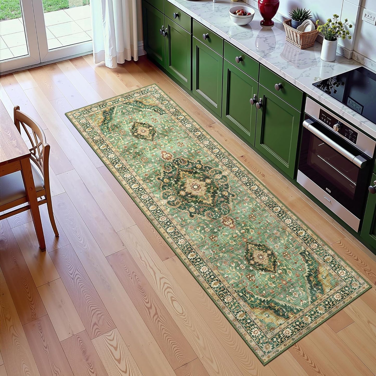3x7 Runner Rugs for Hallway Non-Slip Hallway Runner Rug with Rubber Backing Washable Rug Runner for Kitchen Bedroom Vintage Distressed Carpet (Border Green)