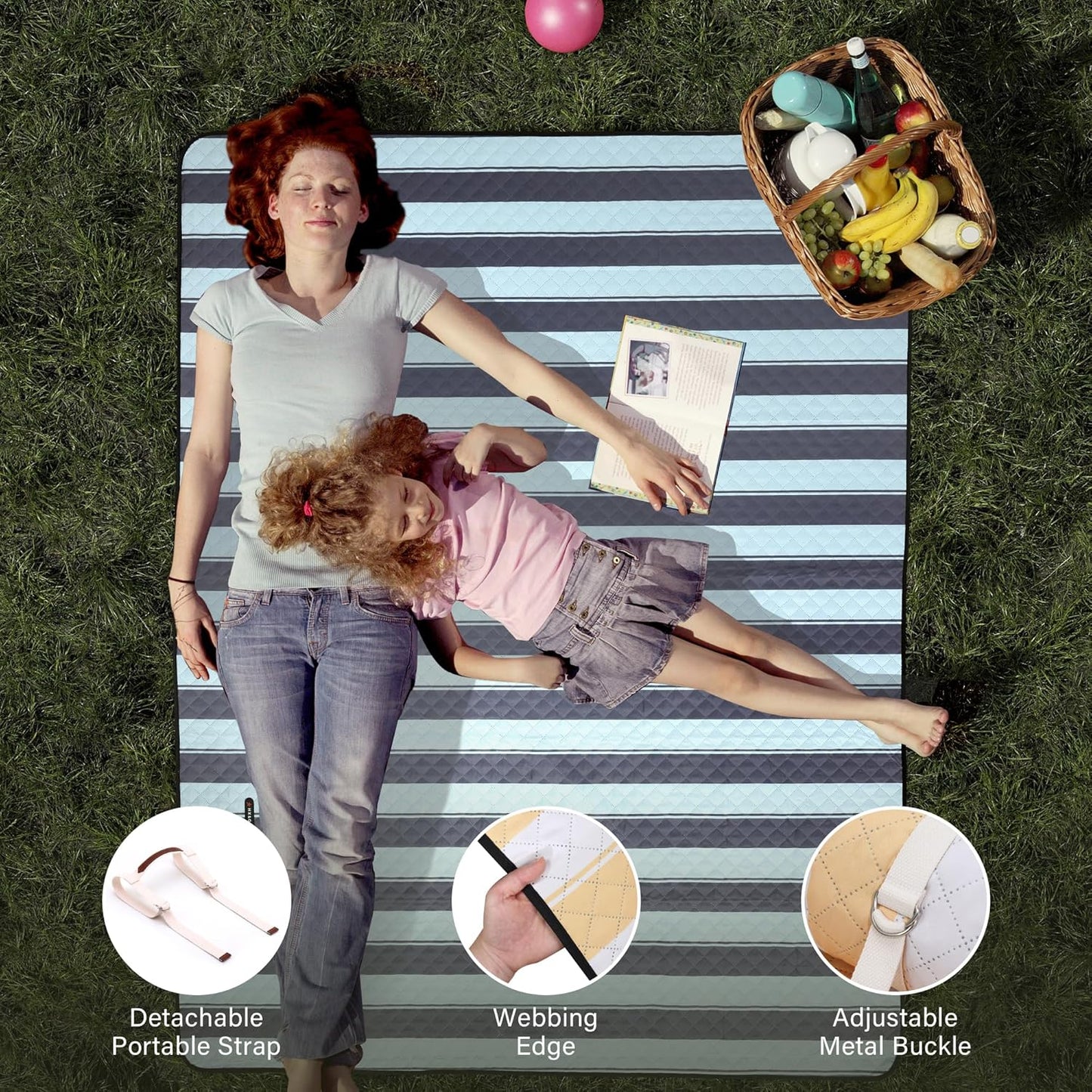 HX&OD Extra Large Picnic Outdoor Blanket, 80”x60” Waterproof Picnic Mat Foldable Camping Blanket Portable with Carry Strap for Beach Mat Outdoor Camping Party(Grey&Green)