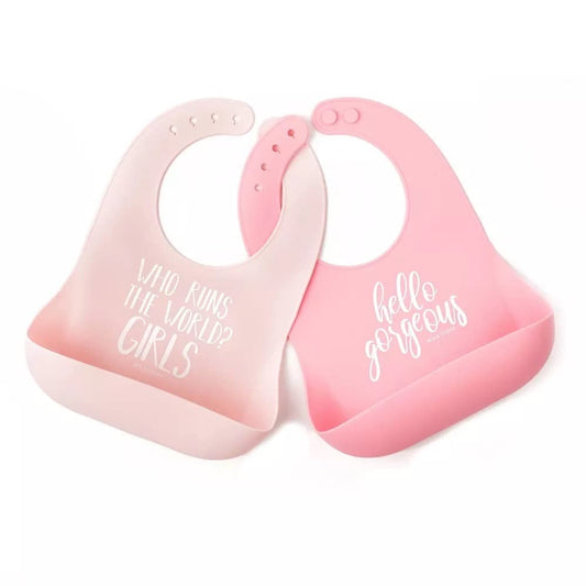 Baby Bib for Eating by Bella Tunno, Set of 2 Waterproof Silicone Bibs with Large Food Catcher, Adjustable Fit for Babies 4-12 months & Toddlers 1-3 Years, Boys & Girls, Who Runs The World & Gorgeous