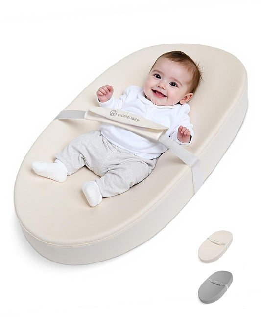 COMOMY Baby Changing Pad with Wipeable & Waterproof PU Cover, Contoured Diaper Changing Pad for Dresser with Non-Slip Safety Belt, Portable and Lightweight, Large Cushioned Foam, Beige