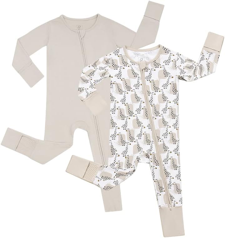 JunNeng 2Pcs Baby Rayon from Bamboo Sleeper with Mitten Cuffs, Footless Zipper Cozy Pjs, Non-Slip Soles Romper