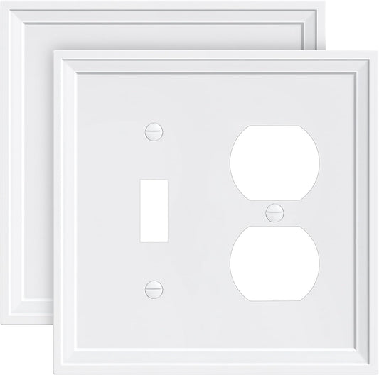 2-Pack Combo Toggle/Duplex Light Switch Cover Plate, Pure White Wall Outlet Cover Plate, Natural Bamboo Fiber Decorative Wall Receptacle Cover for Electrical Outlets, Light Switch