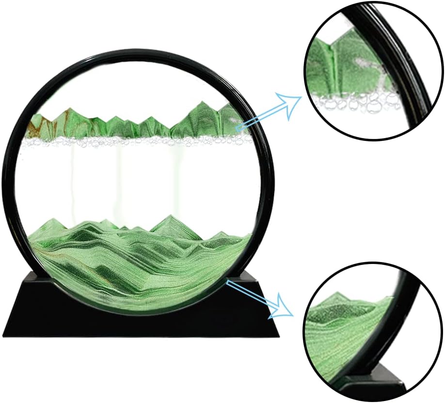 Aoderun Moving Sand Art Picture Round Glass 3D Deep Sea Sandscape in Motion Display Flowing Sand Frame Relaxing Desktop Home Office Work Decor (7", Green)