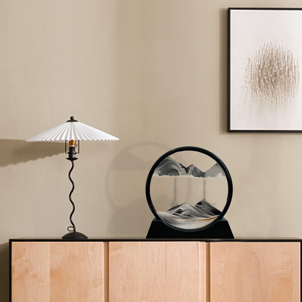 Aoderun Moving Sand Art Picture Round Glass 3D Deep Sea Sandscape in Motion Display Flowing Sand Frame Relaxing Desktop Home Office Work Decor (7", Black)