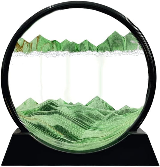 Aoderun Moving Sand Art Picture Round Glass 3D Deep Sea Sandscape in Motion Display Flowing Sand Frame Relaxing Desktop Home Office Work Decor (7", Green)