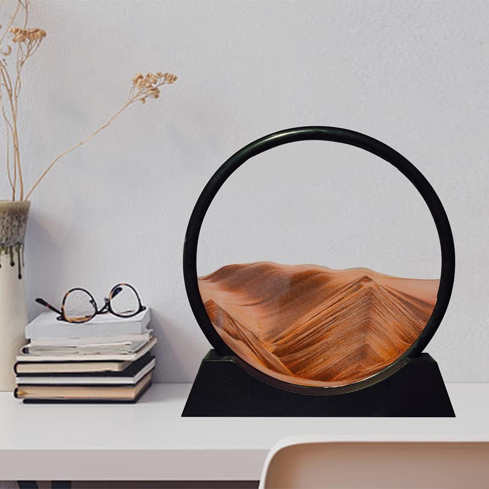 Aoderun Moving Sand Art Picture Round Glass 3D Deep Sea Sandscape in Motion Display Flowing Sand Frame Relaxing Desktop Home Office Work Decor (12", Orange)