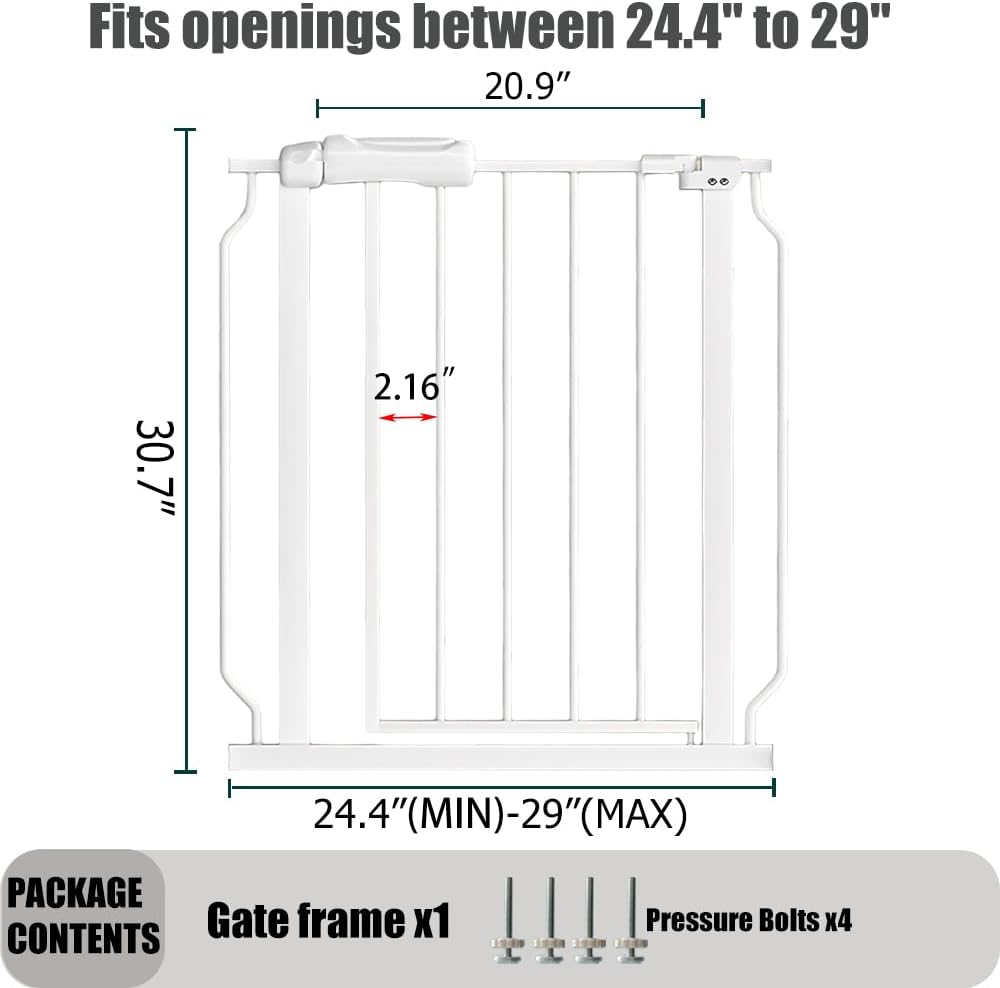 24-29 Inch Narrow Baby Gate, Pressure Mounted No Drilling Dog Gate for Stairs & Doorways, White Metal Safety Gate Indoor for Kids and Pets