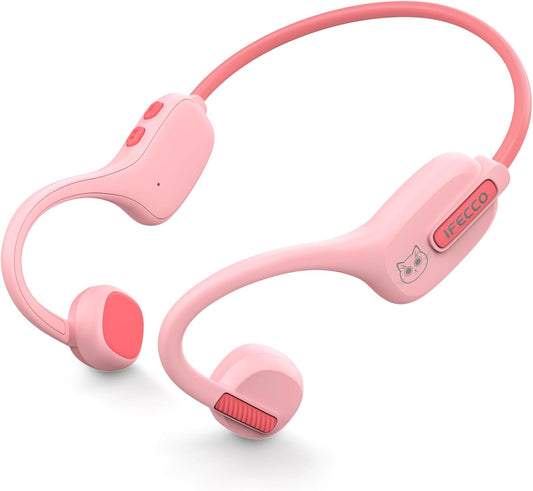 IFECCO Kids Open Ear Headphones - Kids Girls Bluetooth 5.3 Conduction Headphones with Mic,Ultra-Light,IPX5 Waterproof and Safer for Children Wireless Headphones,Perfect for School Travel Gifts (Pink)