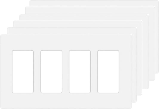 4-Gang Screwless Decora Wall Plate Cover Switch Outlet Electrical Faceplate for Light Switche, Smart Switch, Receptacle, Dimmers, USB Outlet, GFCI, Child Safe Cover Plate, White (6-Pack)