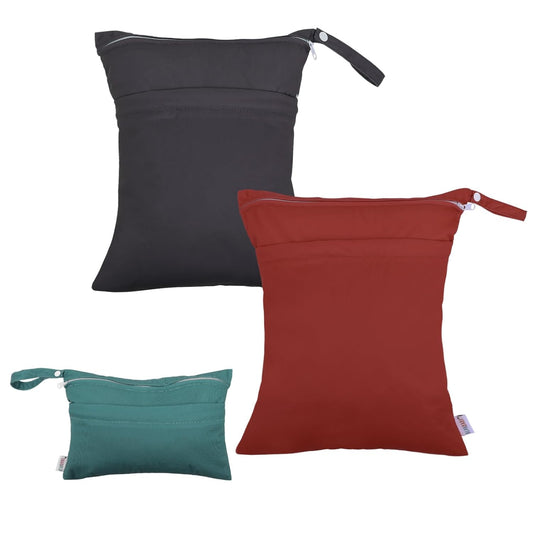 ALVABABY 3 Cloth Diaper Wet Dry Bags Waterproof Reusable with Two Zippered Pockets Travel Beach Pool Daycare Soiled Baby Items Yoga Gym Bag for Swimsuits or Wet Clothes Small medium Large 3L-SML02